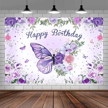 7X5FT Purple Butterfly Flower Leaves Floral Birthday Backdrop