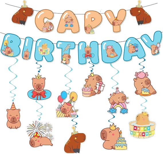 Happy Capybara Birthday Decorations, 10PCS Cute Capy Birthday Party Banners Hanging Swirls Decor, Capybara Lover Bday Decor Supplies Boys Girls