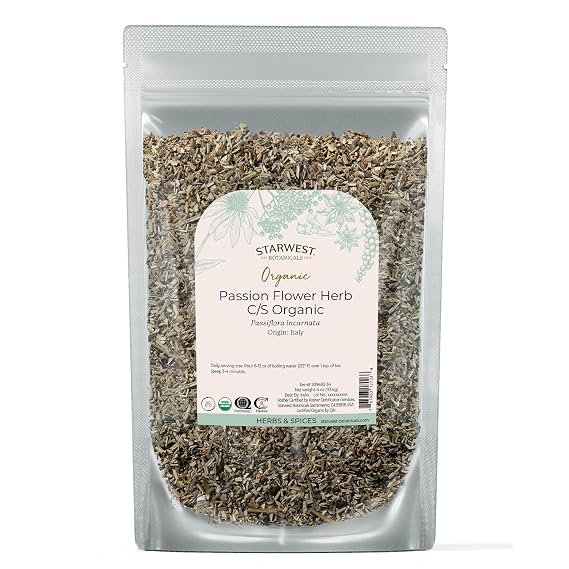Starwest Botanicals Organic Passion Flower, Cut & Sifted - 4 oz Pouch | Dried Loose Leaf Herb for Tea, Herbal Blends, Smoothies, Natural Passiflora Incarnata, Certified Kosher, Non-GMO