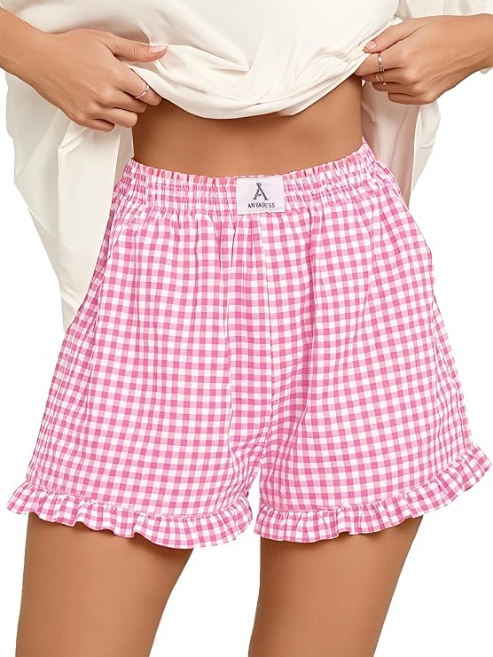ANRABESS Womens Gingham Striped Boxer Shorts
