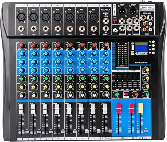 8-Channel Bluetooth Audio Mixer, Portable Audio Digital USB DJ Sound Console Board for Studio Streaming Recording, Home KTV, Campus Presentations, Conferences, Stage Performances