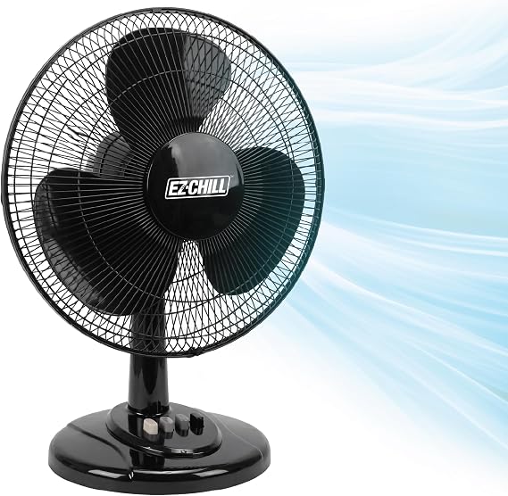 EZ-CHILL 16 Oscillating Table Fan with Adjustable Tilt, Convenient Push Button Controls, Quiet, 3 Speed, Desk Fan, Airflow 15.75 ft/sec, Ideal for Home, Bedroom, Dorm & Office, MTFD-16-BLK