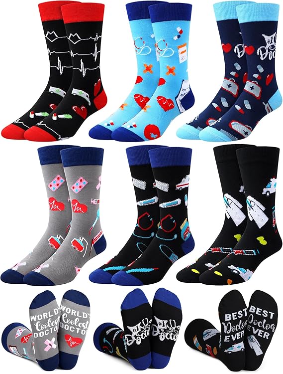 Hercicy 6 Pairs Novelty Doctor Socks for Men, Nurse Week Appreciation Gift, Funny Medical Themed Cotton Crew Casual Socks for Hospital Workers Doctors Nurse Party Favors