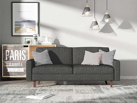 Container Furniture Direct Squared Mid Century Fabric Upholstered Living Room Sofa, 63", Light Grey