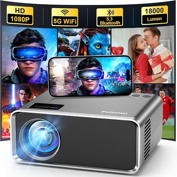 FUDONI WiFi Bluetooth Projector, 4K Supported, Native 1080P FHD Projector | 2026 Upgraded 18000L, Outdoor Indoor Home Theater Video Projector, Compatible with HDMI, USB, iOS, Android, Windows, TV Stick