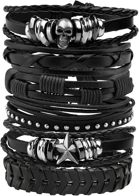 MILAKOO 6Pcs Punk Leather Bracelets for Women Men Braided PU Wristband Skull Skeleton Accessories