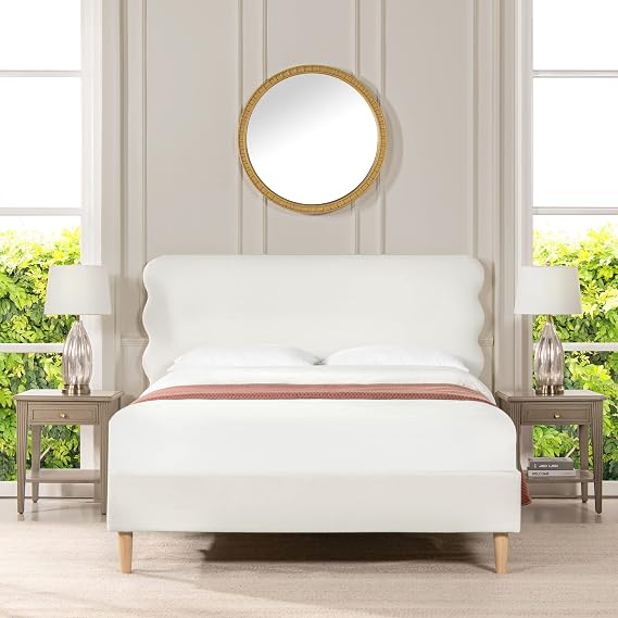 Jennifer Taylor Home Stockholm Modern Wavy Headboard Platform Bed, Queen, Antique White Polyester