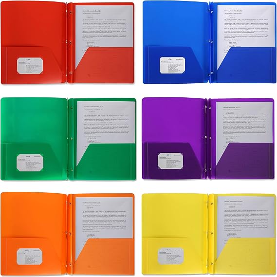 Plastic Pocket Folders, Colored Heavy Duty Durable Poly, 2 Pocket Folder, 3 Prong Fasteners, with Business Card Slot - 11" x 8 1/2" Sheet Size (Assorted Colors)