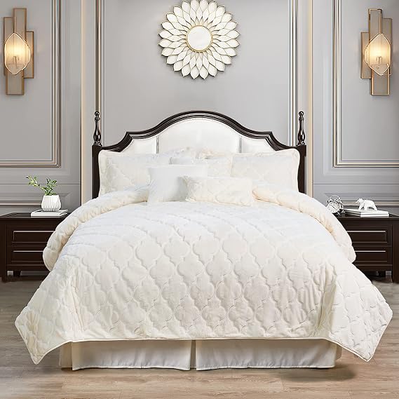Home Soft Things Faux Fur Ogee Embroidery 7 Piece Bedspread Quilts Set, 90" x 90", Geometric Pattern Thick Bed Cover Warm Cozy Bedding Set with Matching Accent Pillows, Queen, Antique White