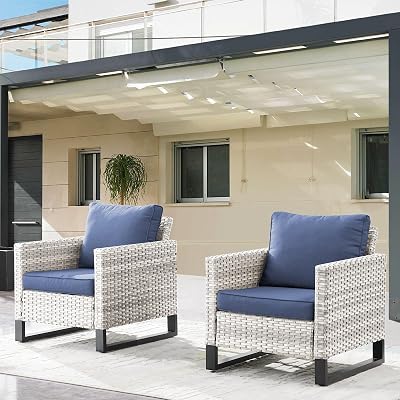 Patio Furniture Set Chairs of 2-32 Inch Oversize Wicker Patio Chairs Set All Weather PE Rattan Patio Coversation Set Chairs for Porch Balcony Backyard - Light Grey Blue
