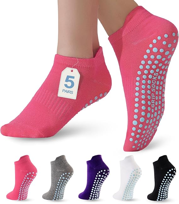 5 Pairs Pilates Socks with Grips for Women Non Slip Grip Yoga Crew Socks for Barre Hospital Barefoot Workout
