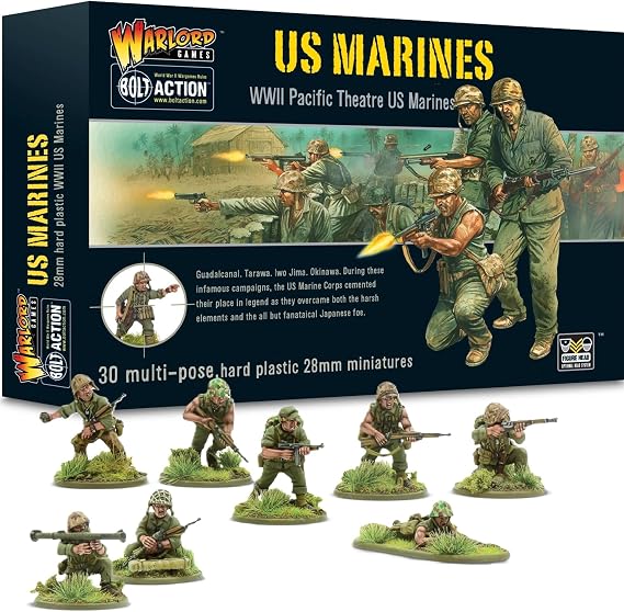 Warlord Bolt Action US Marines Pacific Theater 1:56 Tabletop Miniatures - Plastic Paintable Miniature WWII Soldiers Set, Unpainted Table Top 28mm Military Minifigures for Adults - Gaming Figurines