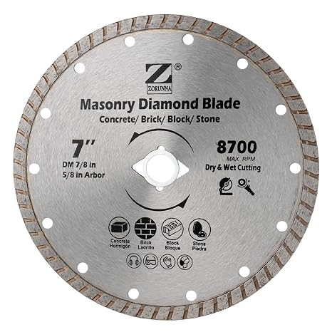 ZORUNNA 7" Masonry Diamond Saw Blade, 7/8" Arbor, 5/8" Ring, Dry/Wet Cut | Concrete Saw Blade, Cuts Cement, Concrete With Rebar, Bricks, Stone, Granite, Pavers and Blocks, Angle Grinder Compatible