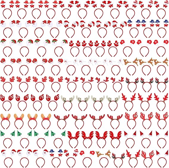 Jexine 100 Pcs Christmas Headbands Bulk Holiday Headwear Accessories Assorted Reindeer Antlers Santa Hat Xmas Party Headbands for Christmas Celebration and Costume Party Favor