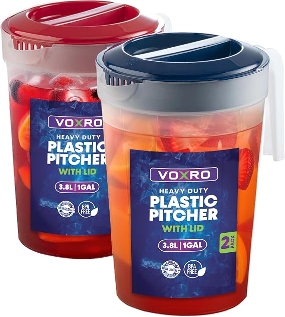 2-Pack 1-Gallon Water Pitchers with Lids, BPA-Free Plastic | Durable BPA-free plastic pitchers with twist-top lids, stackable, dishwasher & freezer safe for water, juice & iced tea.