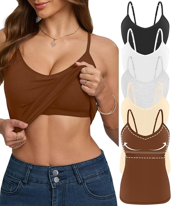 5 Pack Womens V-Neck Cotton Camisole Shelf Bra Tank Tops