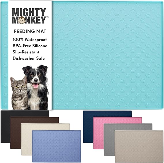 MIGHTY MONKEY 100% Waterproof Dog Food Mat, Raised Edges Silicone Pet Feeding Placemat for Cat, Dogs, Pet Bowls, High Lipped Tray Prevents Water Spills, Food on Floor, Dishwasher Safe, 18x12 Turquoise