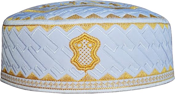 TheKufi Textured White and Golden Embroidered Sandal Kufi Crown Cap Muslim Hat
