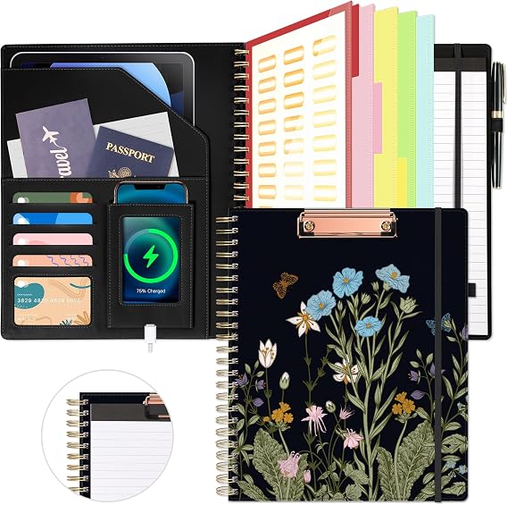 Ospelelf Clipboard with Storage for Women, Leather Padfolio Portfolio Organizer 5 Folders with 10 Pockets, Spiral Clipboard Folio with Notepad for Letter Size, Elastic Closure and Pen Loop Floral