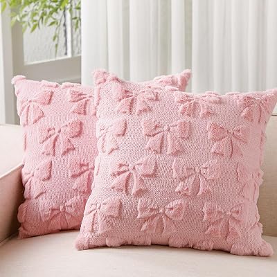 Mixweer Bow Pillow Covers Set of 2 Coquette Room Decor Cute Faux Fur Soft Bowknot Preppy Stuff Fluffy Plush Aesthetic Pillow Covers for Bed Sofa Couch, Fall Christmas Decor18 x 18 Inch,Dark Pink
