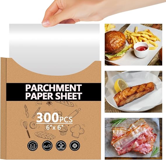 300PCS Thickened Precut Parchment Paper Sheets, 66 In Non-Toxic Square Burger Paper Sheet,Heavy Duty Burger Patty Paper for Pastry, Cookie Baking, Sandwich Wrapping, Food Storage (White)