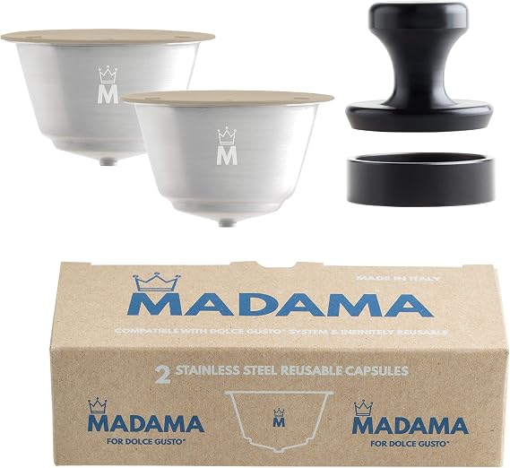 Madama - Refillable and Reusable Capsule Compatible with Dolce Gusto. Stainless Steel and Food-Grade Silicone. Pack of 2 Pods