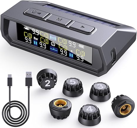 RV Tire Pressure Monitoring System,0-9.9 BAR,144 PSI Tire Pressure Monitor System with Solar Charge, TPMS with 6 Sensors&6 Alarm Modes (6 Sensor-Black)
