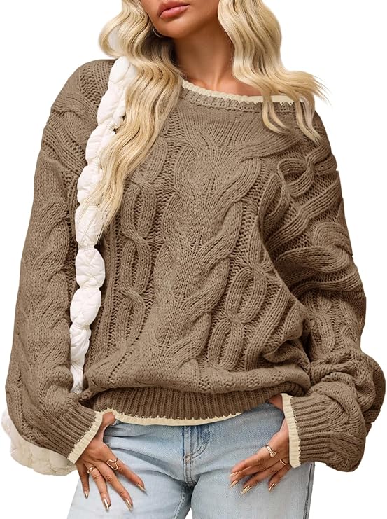 Saodimallsu Womens Oversized Sweater Casual Cable Knit Color Block Crewneck Pullover 2025 Fall Winter Chunky Trendy Sweaters
