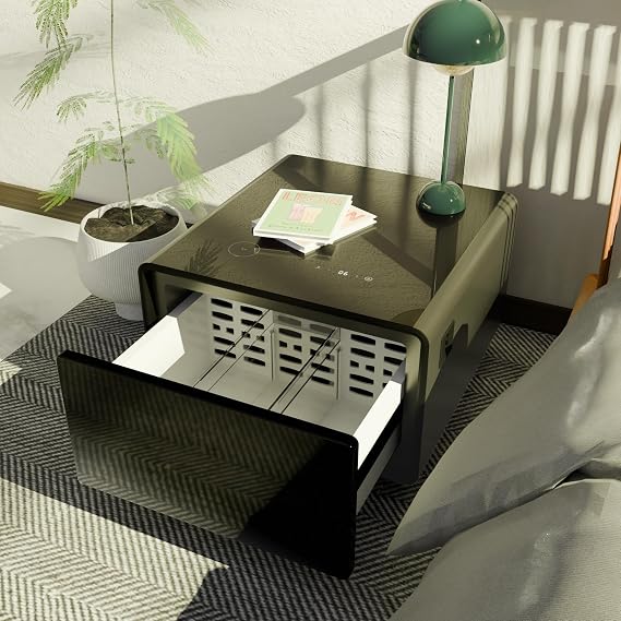 Smart Side Table with Built in Fridge, Wireless Charging, Temperature Control, Power Socket, USB Ports, Outlet Protection, Induction Light, Black
