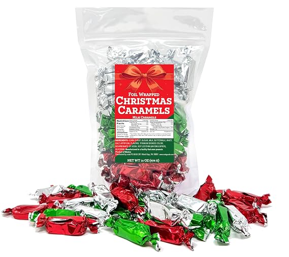 Caramel Candy Individually Wrapped Foil Wrapped Caramels Red, Green and Silver, Individually Wrapped Candy 16 Ounce