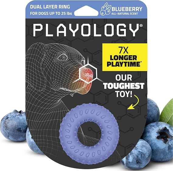 Playology Dual Layer Ring Dog Toy for Aggressive Chewers, Blueberry Scent | Rubber Construction, All Natural Scent, Heavy Duty Design