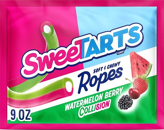 SweeTARTS Ropes Watermelon Berry Collision Candy, Soft & Chewy, 9 oz