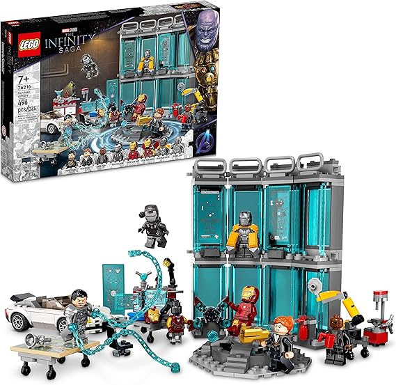 LEGO Marvel Iron Man Armory 76216 Building Set Toy; Suits, Minifigures and Super Hero Action; Gift for Kids Aged 7+ (496 Pieces)