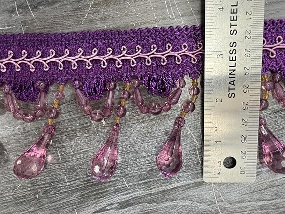 Tear Drop Beaded Trim Fringe W/Gimp Top, Beaded Tassel Ball Fringe Purple Color, Trim for Home Decor Sold by The Yard