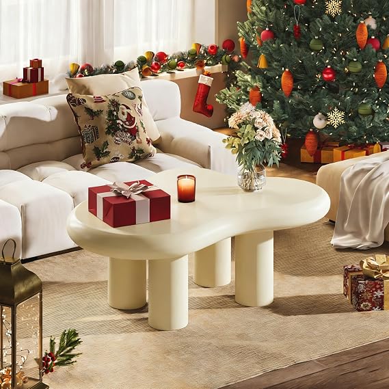 LITTLE TREE Cloud Coffee Table, Modern Cute End Table, Cartoon Coffee Table, Irregular Indoor Tea Table for Small Space, Living Room, White