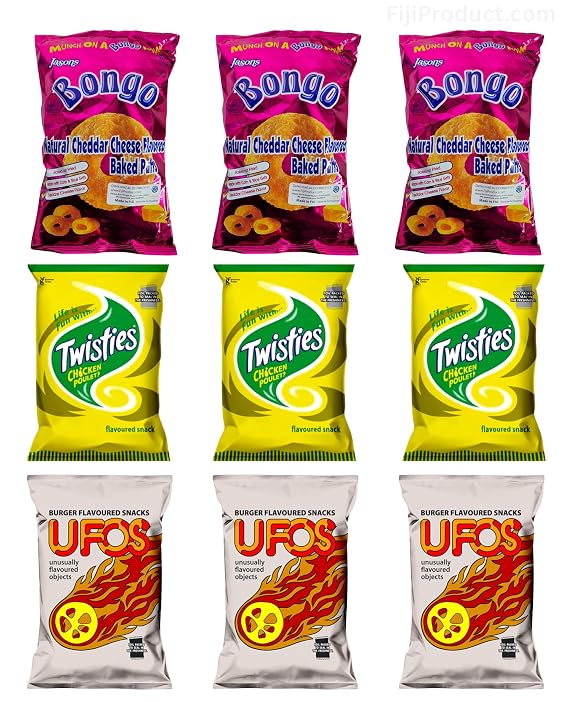 Variety Puffs Snack - 3x 28g Bongo Cheese, 3x 20g Twisties Chicken, 2x 20g UFO'S (Value Pack Of 9) Favorite Snack Of The Pacific Islanders, Classic Flavored Baked Snacks