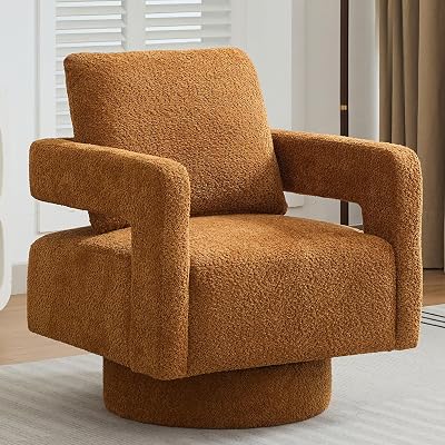 Swivel Accent Chair, Modern Square Swivel Barrel Chair for Living Room,360 Degree Comfy Accent Chair with Open Back, Upholstered Barrel Armchair for Bedroom,Reading, Boucle, Caramel