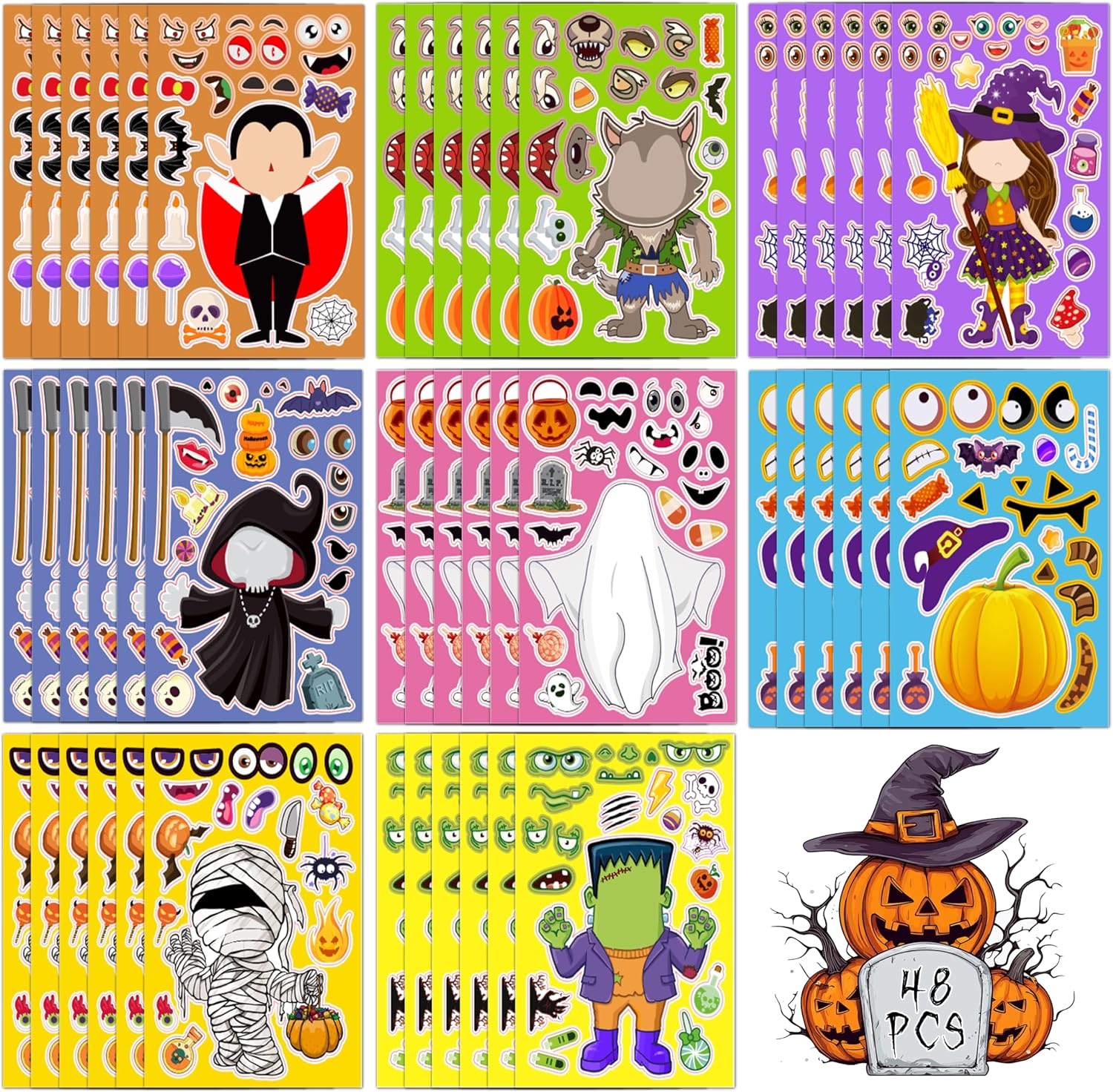 Halloween Party Favors - 48 Sheets DIY Crafts Halloween Stickers for Kids Halloween Decorations Make-a-Face Stickers Games Classroom Activities Gifts Party Supplies Goodie Bag Stuffers