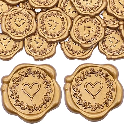 SWANGSA 50Pcs Heart with Olive Branch Wax Seal Stickers, Antique Gold Wedding Party Invitation Envelope Seals Self Adhesive Wax Stickers for Invitation, Greeting Cards, Gift Wrapping