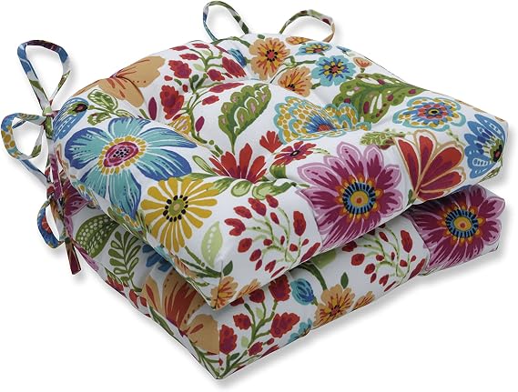 Pillow Perfect Bright Floral Indoor/Outdoor Tufted Wicker Seat Cushion With Ties, 2 Count, 15.5" x 16", Blue/Purple Gregoire