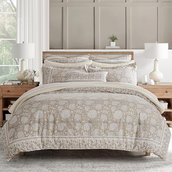 Levtex Home Adare Taupe Reversible King Duvet Cover Set (106x94in) with 2 Pillowcases (36x20in) - Floral Bedding - Taupe and White - Cotton King Size Duvet Cover Set - Soft, Pre-Washed