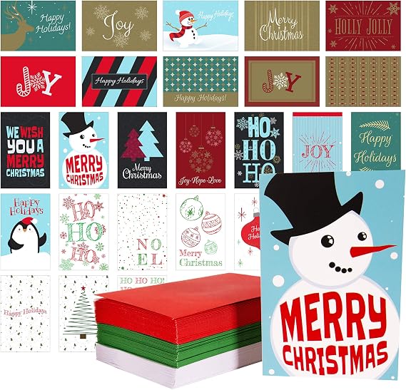 Kangaroo 108 Pack of Merry Christmas Cards with Red, Green, White Envelopes