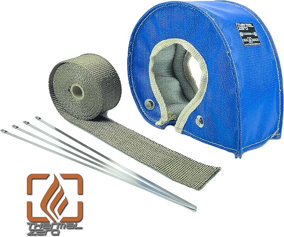 Thermal Zero Blue T3 Turbo Blanket Heat Shield Insulation Kit - with Lava/Titanium High Temperature Exhaust Wrap & Stainless Steel Zip Ties - TZ32047-ULKIT