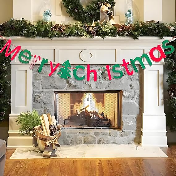 Merry Christmas Banner-Red and Green Merry Christmas Sign Felt Garland for Christma Party Decorations