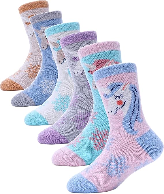 ANTSANG Kids Merino Wool Hiking Socks, Toddlers Boys Girls Crew Boot Socks | 6 Pairs, Full Cushioning, Elastic Cozy, Moisture-Wicking, Breathable, Thermal Warm Thick Heavy Cozy Gift Socks