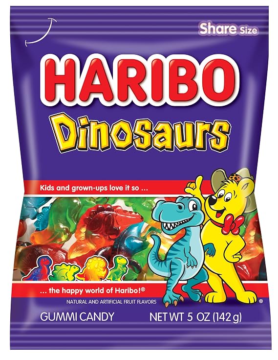 HARIBO Dinosaurs Fruity Gummy Candy, 5 oz. Bag | Soft, chewy dinosaur gummies in T-Rex, Stegosaurus, Brontosaurus, and Triceratops shapes and fruity fun flavors.