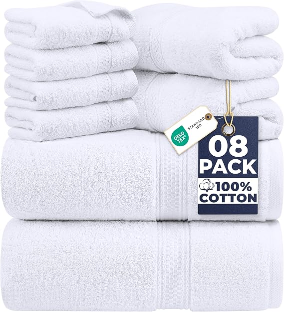 Utopia Towels 8 Piece Majestic Plush Luxury Towel Set, Cotton, White | Majestic Plush 100% Ring Spun Cotton Towels - Super Absorbent, Quicker-to-Dry, Thick & Soft, Bathroom, Spa & Hotel