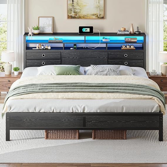 Homkdom King Bed Frame with 4 Drawers, Charging Station & LED Lights, Black