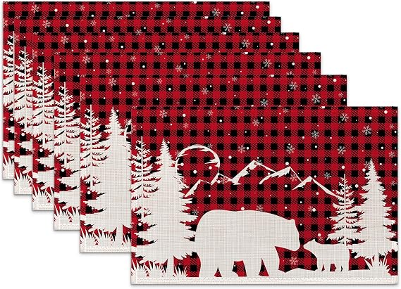 Christmas Tree Placemats Set of 6,Bear Snowflakes Heat Resistant Table Mats Washable Place Mats for Party Kitchen Farmhouse Home Dining Holiday Decor 12x18 Inch