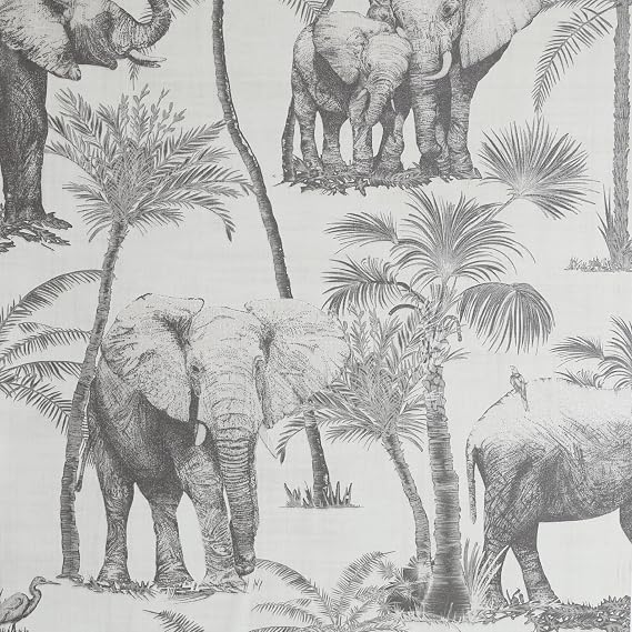 Arthouse Safari Elephant Charcoal Wallpaper - Playful, Quirky Design - Artistic Elephant Effect on a Contrasting Background - On-Trend Palm Print - Vinyl for Durability - 53 cm x 10.05 m Roll - 296700